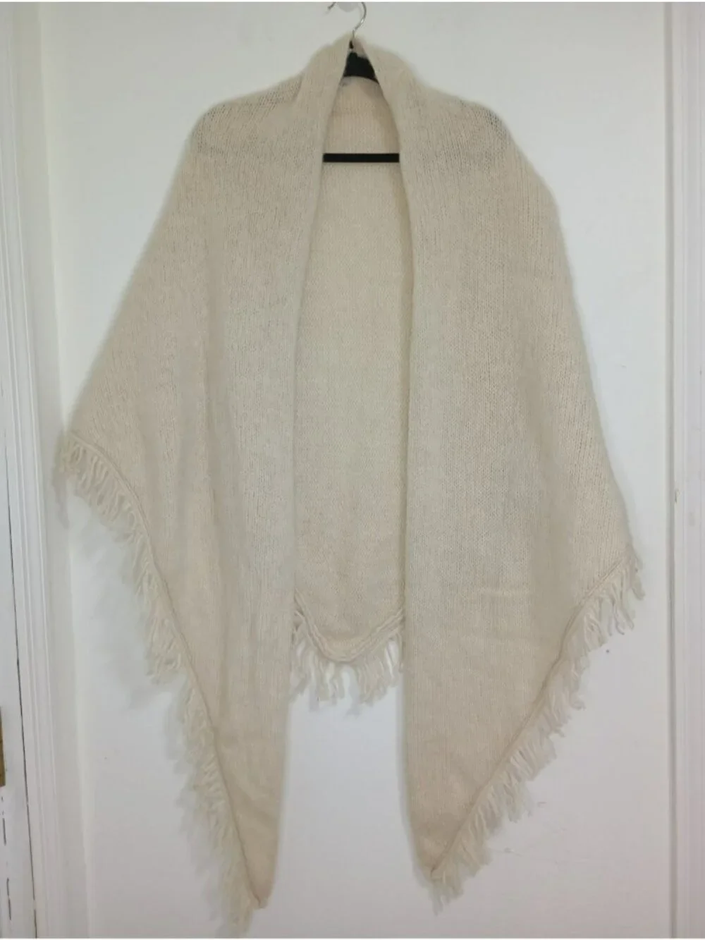 Zara Shawl Wrap M Beige 100% Wool Fringed Open Front